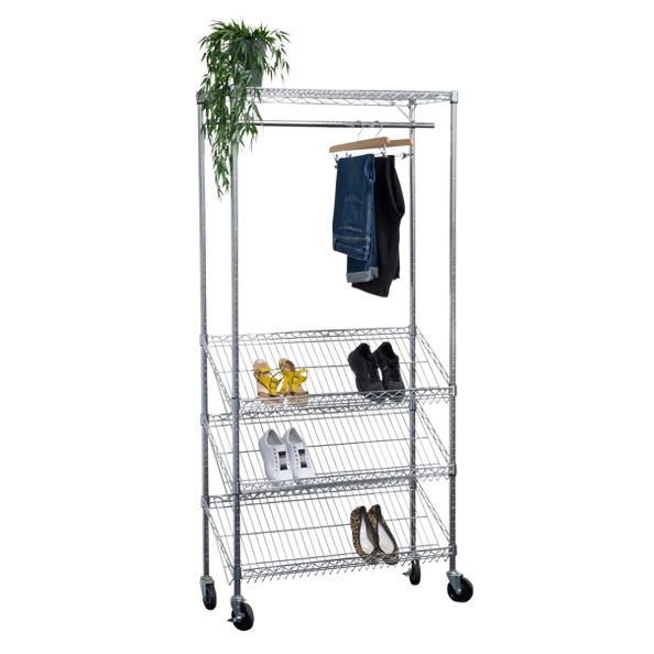 Trådreol med 3 skohylder og hjul, Walk in closet, WireFix, 90x35x180 cm, (1 stk.)