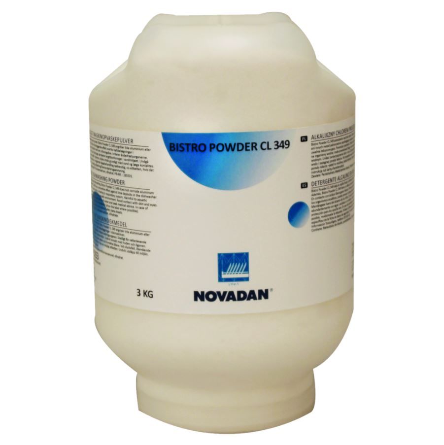 Maskinopvask, Novadan Bistro Powder CL 349, alusikker, med klor, uden farve og parfume, 3 kg, (3 stk.)