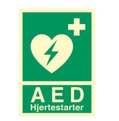 Hjertestarter, skilt, AED, 14,8x21 cm, efterlysende, vinyl (1 stk.)