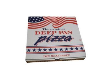 Pizzaæske, 29x29x4,5cm, hvid, med tryk Deep Pan Pizza, (100 stk.)