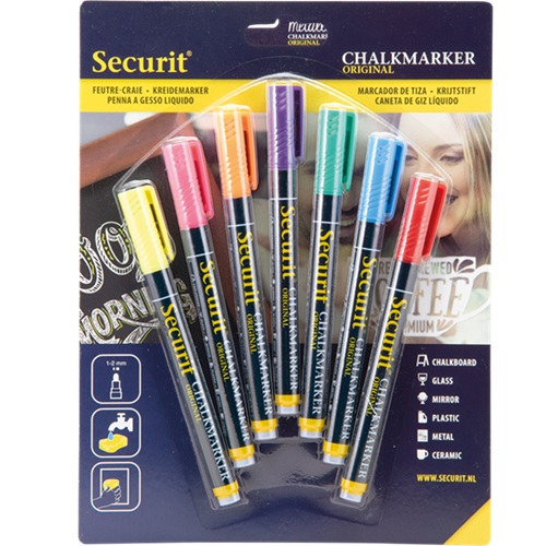 Kridtmarker med rund spids: 1-2 mm skrivebredde, Securit, Original, flydende kridt, gul/pink/orange/lilla/grøn/blå/rød, i blisterkort, (7 stk.)