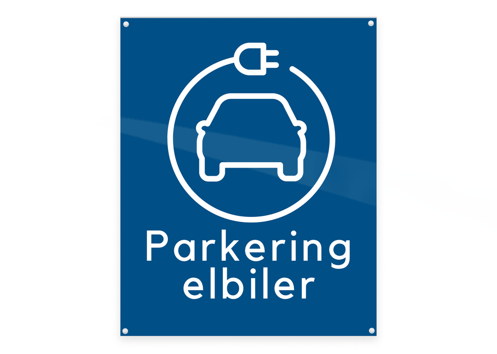 Skilt "Parkering Elbiler" med monteringshuller, 20x25 cm, aluminium, blå, (1 stk.)