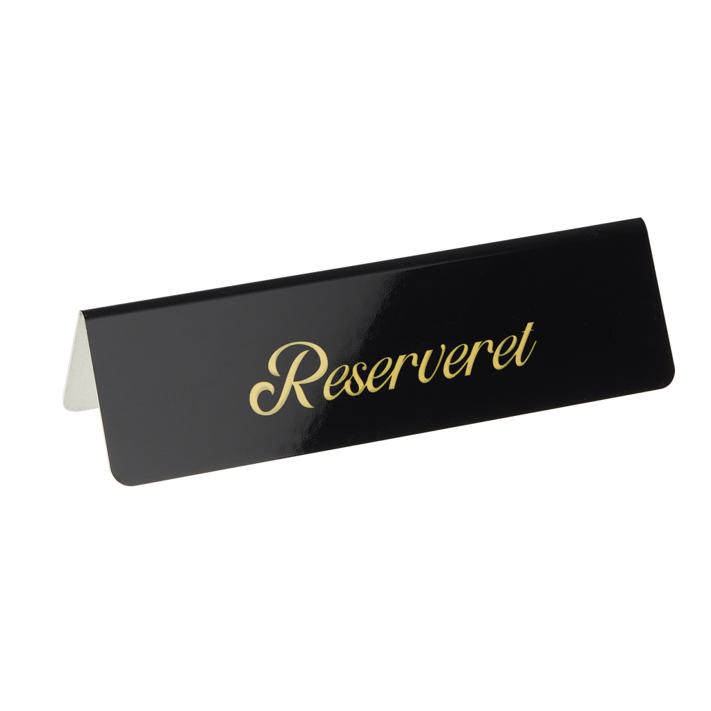 "Reserveret", bordskilte,  15x4 cm, aluminium, sort med gullig skrift, (5 stk.)