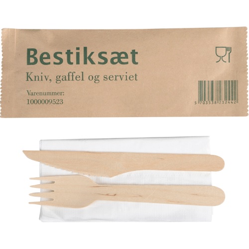 Bestiksæt, 16cm, brun, birketræ/nyfiber, med kniv, gaffel og serviet, (400 stk.)