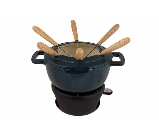 [21043] Fonduesæt med 6 fonduegafler, Ø18cm, mørkegrøn, støbejern, FONTESTIC, (1 sæt)