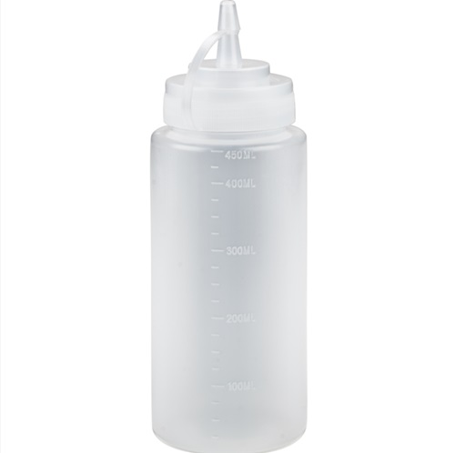 [21729] Dressingflaske, 450 ml, klar, PE/PP, med mål, (6 stk.)
